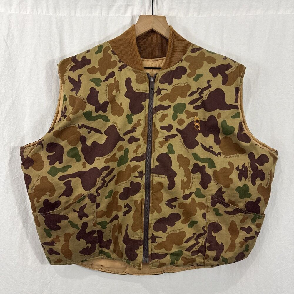 Vintage Bob Allen Ducks Unlimited Camo Reversible Puffer Vest Mens XXL Outdoor